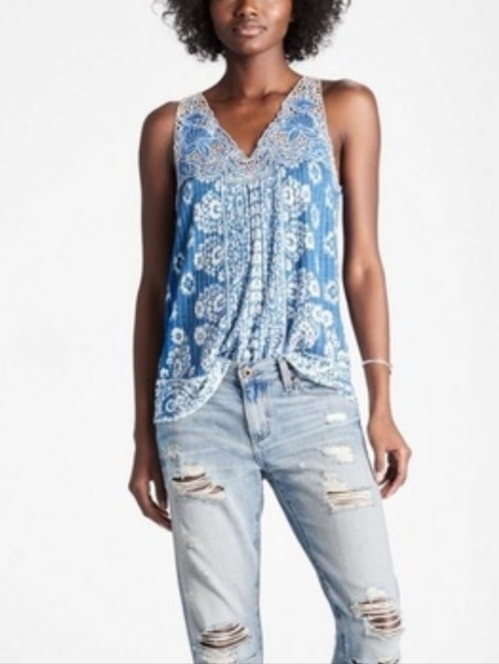 Lucky Brand Blue & White Crochet-Trim Yoke Sleeveless Tank Like New